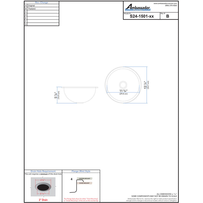 Ambassador Marine S24-1501-UM-R Half-Sphere Sink (Ultra-Mirror Finish), 304 Stainless Steel, 2" Drain, SoundKOTE