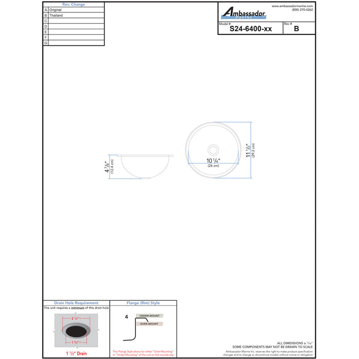 Ambassador Marine S24-6400-UM-R Half-Sphere Sink (Ultra-Mirror Finish), 304 Stainless Steel, 1 1/2" Drain, SoundKOTE