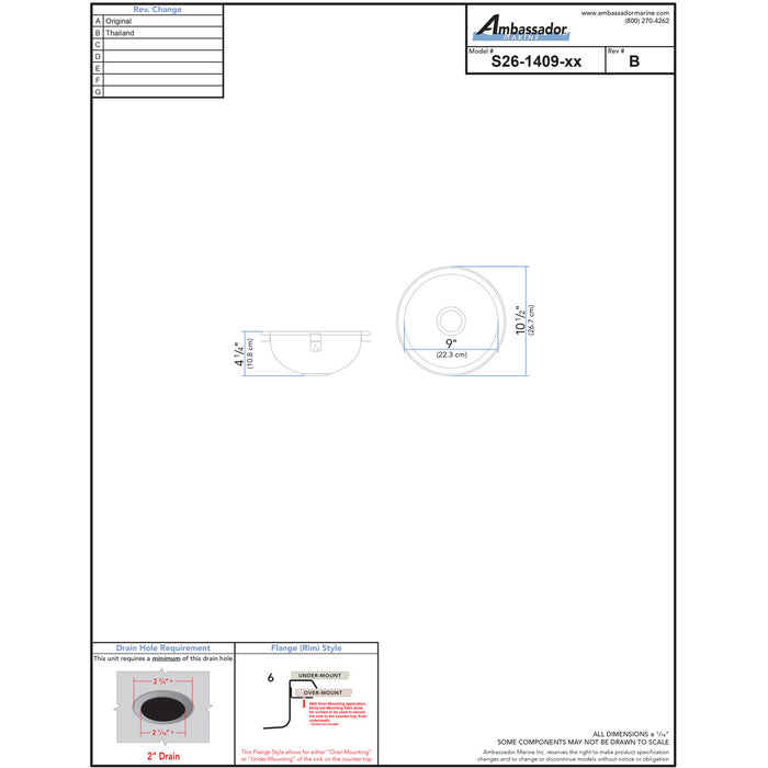Ambassador Marine S26-1409-UM-R Half-Sphere Sink (Ultra-Mirror Finish), 304 Stainless Steel, 2" Drain, SoundKOTE, With Tabs
