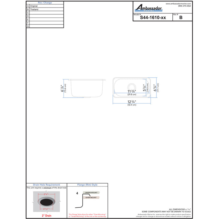Ambassador Marine S44-1610-BR-R Rectangle Sink (Brushed Finish), 304 Stainless Steel, 2" Drain, SoundKOTE