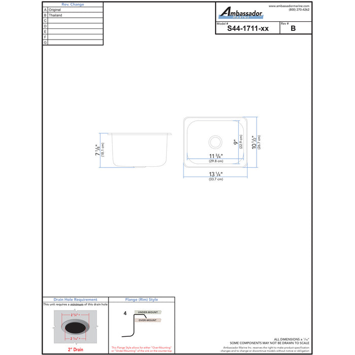 Ambassador Marine S44-1711-BR-R Rectangle Sink (Brushed Finish), 304 Stainless Steel, 2" Drain, SoundKOTE