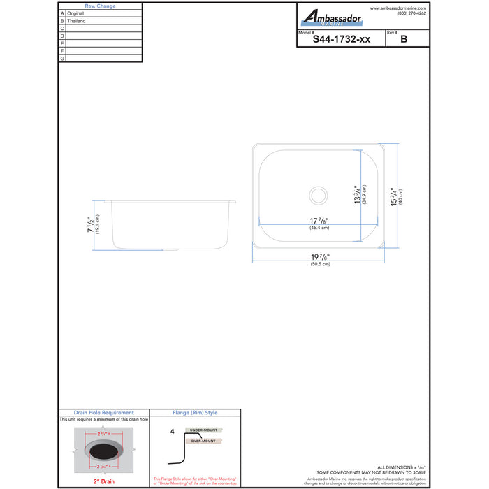 Ambassador Marine S44-1732-BR-R Rectangle Sink (Brushed Finish), 304 Stainless Steel, 2" Drain, SUPER-SoundKOTE