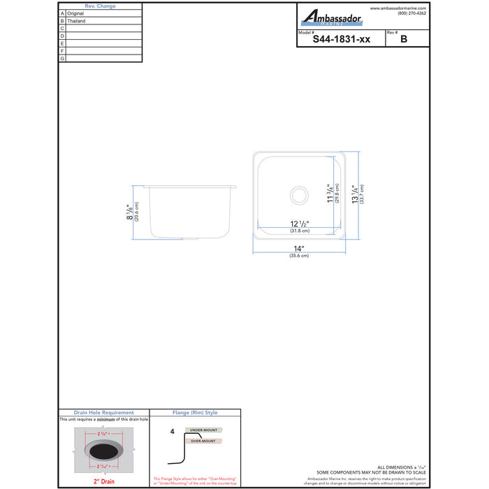 Ambassador Marine S44-1831-UM-R Rectangle Sink (Ultra-Mirror Finish), 304 Stainless Steel, 2" Drain, SoundKOTE