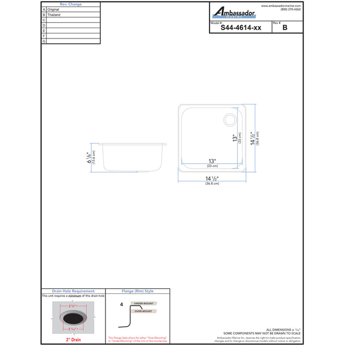 Ambassador Marine S44-4614-BR-R Rectangle Sink (Brushed Finish), 304 Stainless Steel, 2" Drain, SoundKOTE
