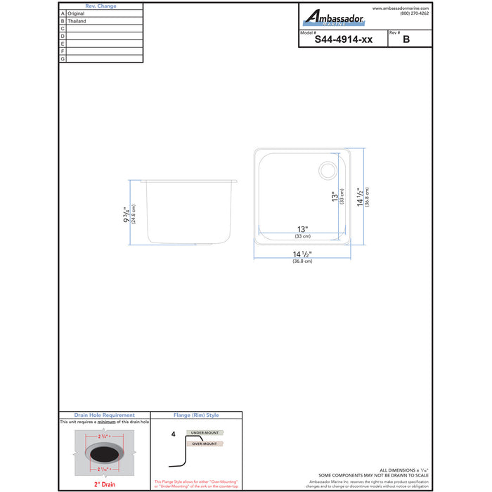 Ambassador Marine S44-4914-UM-R Rectangle Sink (Ultra-Mirror Finish), 304 Stainless Steel, 2" Drain, SoundKOTE