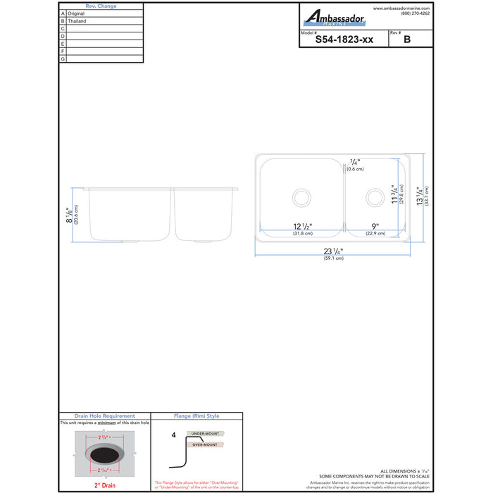 Ambassador Marine S54-1823-UM-R Double Rectangle Sink (Ultra-Mirror Finish), 304 Stainless Steel, 2" Drain, SoundKOTE