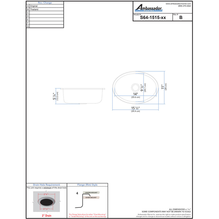 Ambassador Marine S64-1515-UM-R Oval Sink (Ultra-Mirror Finish), 304 Stainless Steel, 2" Drain, SoundKOTE