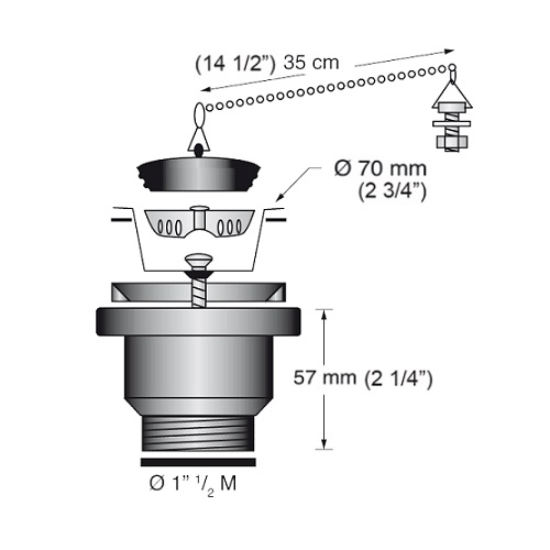 Scandvik 10313P 1-1/2" Outlet Sink Drain w/ Basket & Stopper Fits 2-1/16" Drain, Hole