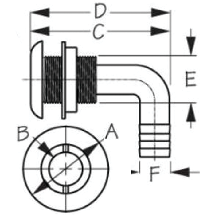 Sea Dog 520833 90° Thru-Hull with Stainless Cap, 1-1/8", A: 1-7/8", B: 7/8", C: 1-13/16", D: 3-3/4", E: 1-15/16", F: 1-1/8"