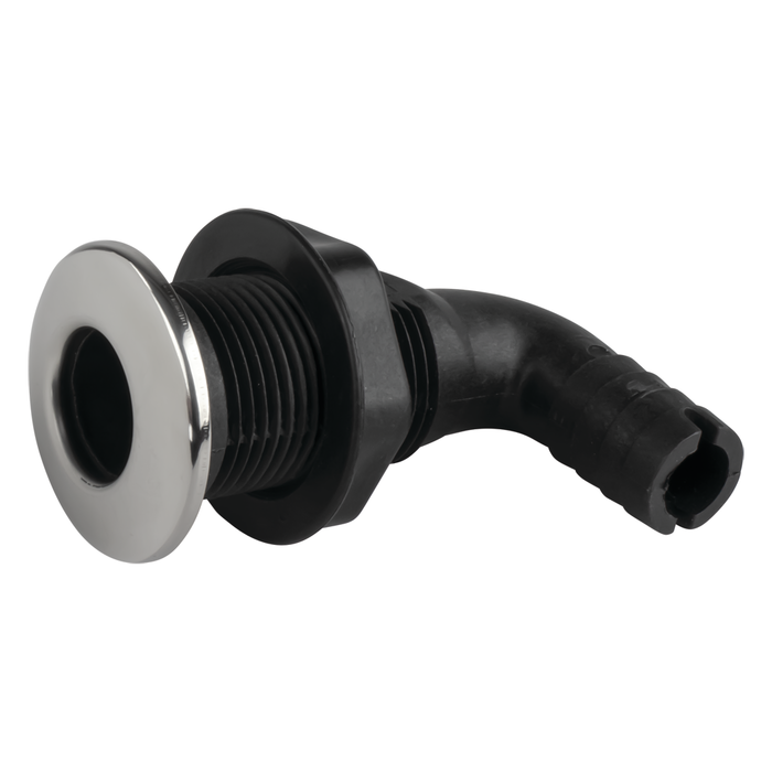 Sea Dog 520833 90° Thru-Hull with Stainless Cap, 1-1/8", A: 1-7/8", B: 7/8", C: 1-13/16", D: 3-3/4", E: 1-15/16", F: 1-1/8"