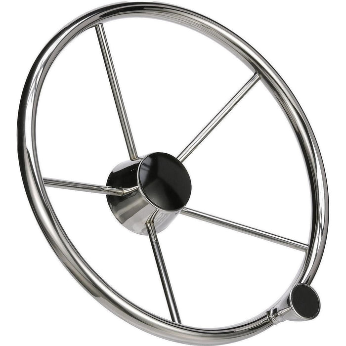 Seachoice 28541 5 Spoke 15" SS Destroyer Steering Wheel w/ Turning Knob & Black, Center Cap