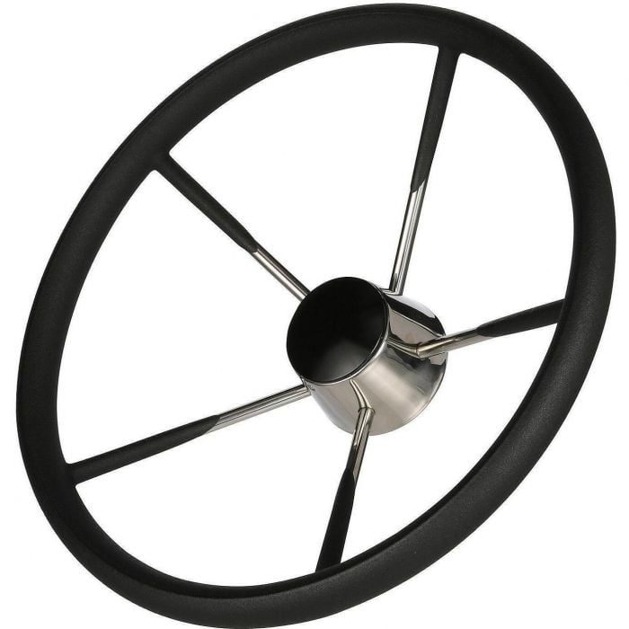 Seachoice 28581 Destroyer Steering Wheel, 5 Spoke 15", Stainless Steel, Permanent Foam Grip, Black Cap
