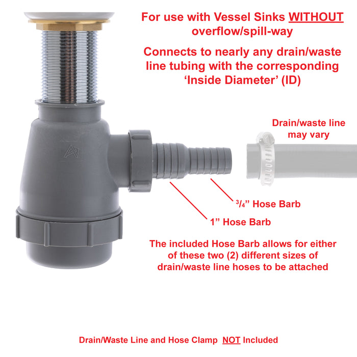 Ambassador Marine V03-0708-CP-R 1 3/4" Drain, Touch Trap Sink Drain (with Cover) (no Overflow), 3/4" & 1" Hose Barb (Chrome)