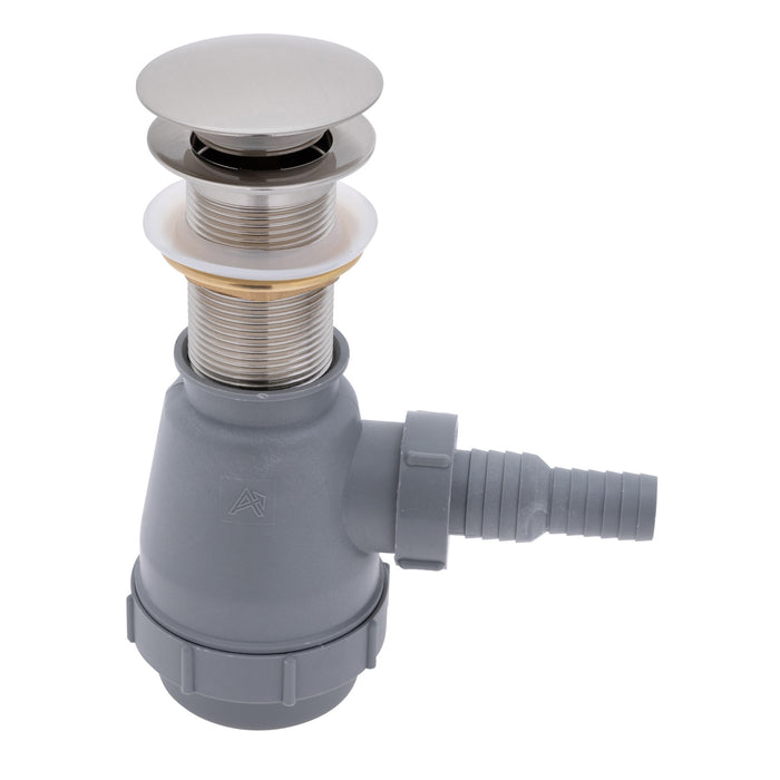 Ambassador Marine V03-0708-NP-R 1 3/4" Drain, Touch Trap Sink Drain (with Cover) (no Overflow), 3/4" & 1" Hose Barb (Brushed Nickel)