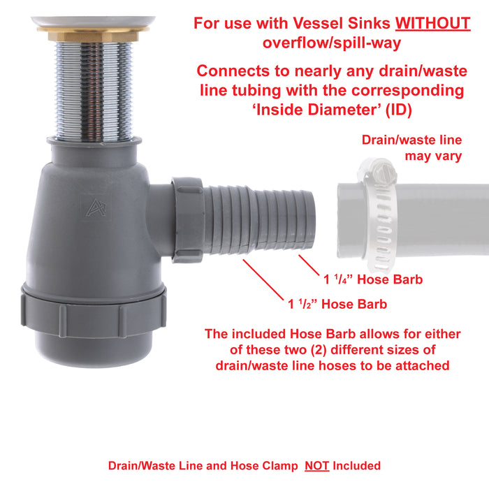 Ambassador Marine V03-0709-CP-R 1 3/4" Drain, Touch Trap Sink Drain (with Cover) (no Overflow), 1 1/4" & 1 1/2" Hose Barb (Chrome)