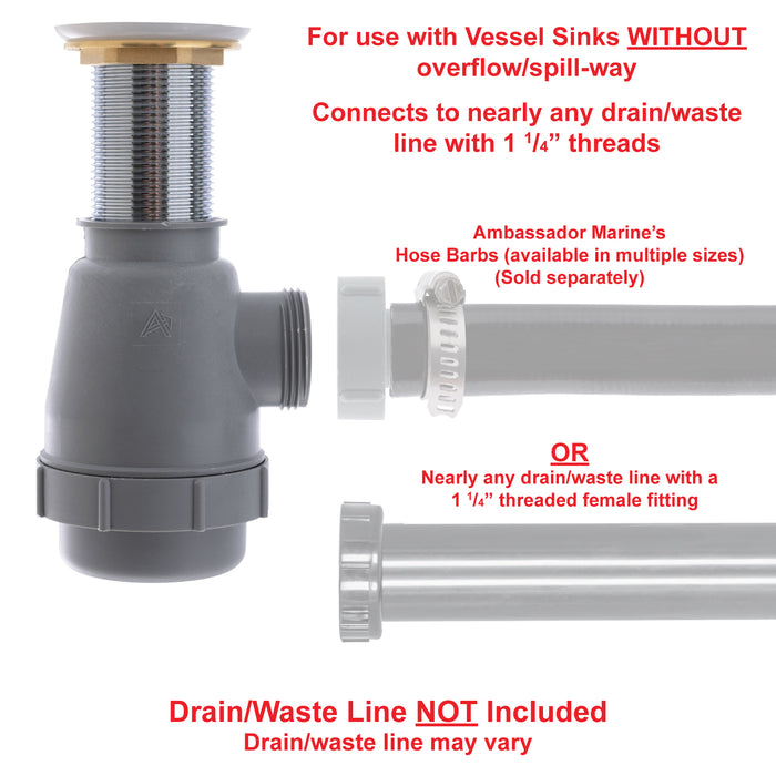 Ambassador Marine V03-0716-CP-R 1 3/4" Drain, Touch Trap Sink Drain (with Cover) (no Overflow), 1 1/4"-M Thread (Chrome)