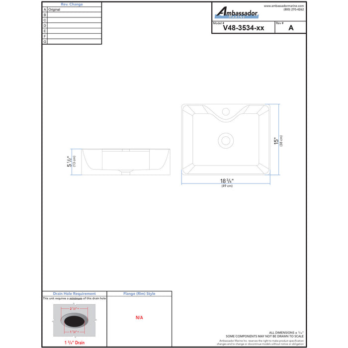 Ambassador Marine V48-3534-WH-R Rectangle Vessel- Smooth Porcelain, 19 1/4" x 15" x 5 1/8", w/Faucet Mount, 1 3/4" Drain (White)