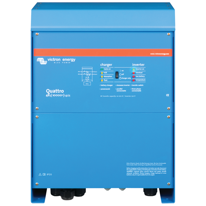 Victron Quattro Inverter/Charger 48 VDC - 10,000W - Dual 100AMP 120V AC Inputs - Auto Transfer Switch - 140AMP Battery Charger - Stackable