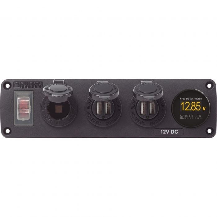 Blue Sea 4368-BSS USB Accessory Panel, Water Resistant, 12V Socket, 2x 2.1A Dual Chargers, Voltmeter